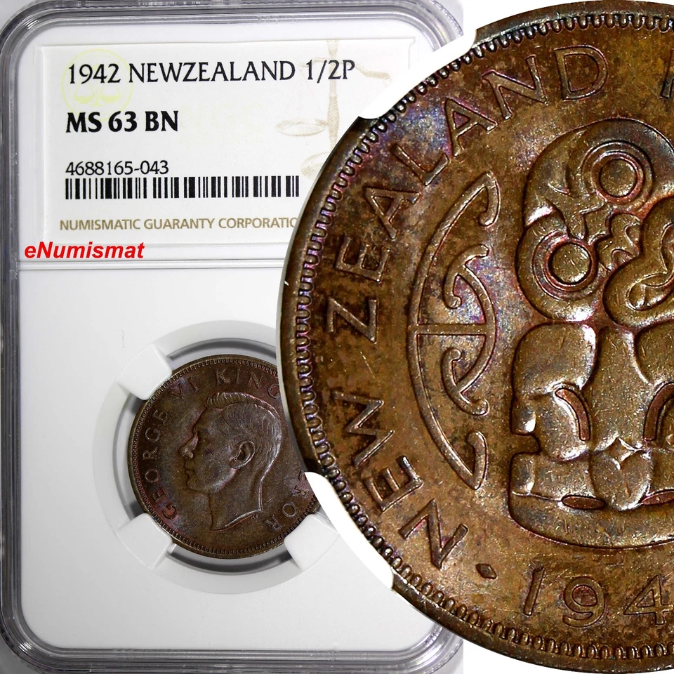 New Zealand George VI Bronze 1942 1/2 Penny NGC MS63 BN KEY DATE SCARCE KM#12(3) - Image 1 of 4