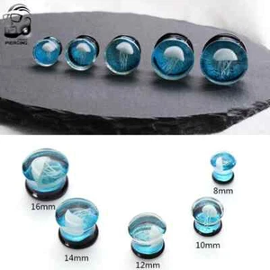 PAR de tapones de doble llamarada de vidrio con diseño de medusas medidores de medusas joyería corporal - Imagen 1 de 6