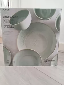 Next Sage Green Logan Reactive Glaze 12 Pieces Dinner Set Crockery Fine Dinning - Picture 1 of 10