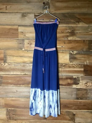 Gypsy 05 Blue Tie Dye Print Silk Maxi Dress Sz Med Embroidered Trim Strapless - Image 1 of 4