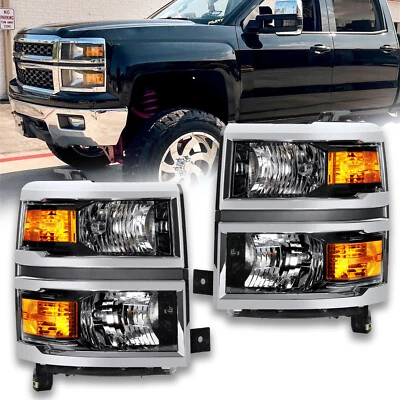 For 2014-2015 Chevy Silverado 1500 Black Pair Headlights Headlamps Left + Right - Image 1 of 4