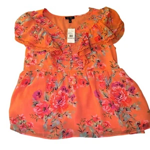 Jessica Simpson Floral Ruffle Blouse Button Up Top Autumn Sunset 1X - Picture 1 of 9