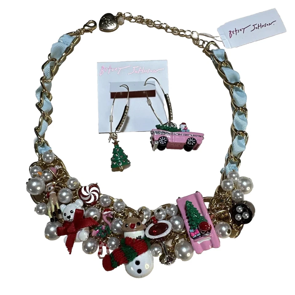 Betsey Johnson Collar Navidad Dije Vacaciones Perla Pendientes Conjunto Navidad Foto 1 de 4