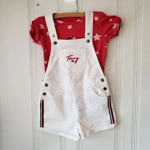 Tommy Hilfiger Girls Short Overalls & Red Top White Denim Stars Stripe Patriotic - Picture 1 of 12