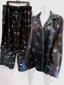 SOMA-Satin Pajama Set-Sz XXL-Teal Floral on Black-LS-Button Front-Soft Luxury - Picture 1 of 17