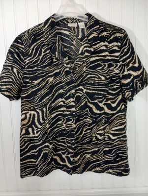 Blusa Top Erika Mujer L Negra Tostada Estampado Animal Abotonada Algodón Rayón Foto 1 de 3