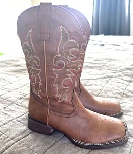 shesole women’s cowboy boots brown square toe pull on mid calf low heel sz 36 - Picture 1 of 7