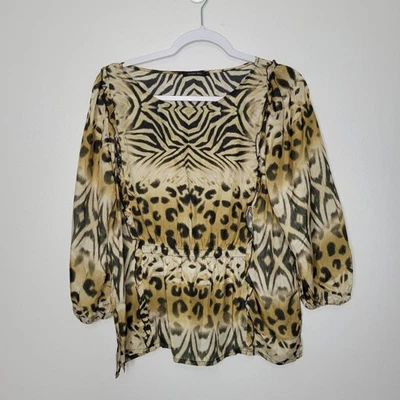 Blusa Johnny Was Aisha Seda Mezcla Estampado Animal Volantes Talla Pequeña Foto 1 de 4