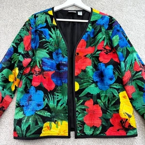 Chico's Blazer Jacket Womens 1 Multi Floral Print Linen Open Front Abstract Art - Picture 1 of 12