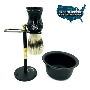 VINTAGE STAINLESS STEEL SHAVING STAND FOR RAZOR & BRUSH + SHAVING CUP BLACK 3 PC - Picture 1 of 2