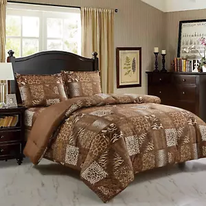 3 Piece Animal Print Comforter with Pillow Sham, Chocolate Brown Leopard Zebra G - Picture 1 of 7