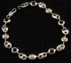 .925 Sterling Silver Art Deco Round Oval Link White Pearl Black Onyx Bracelet - Picture 1 of 3