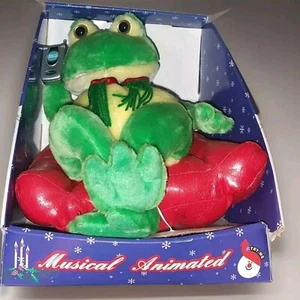 Singing Frog Plush Seating in Chair Holding Cellphone, He Sings Christmas Songs  - Picture 1 of 6