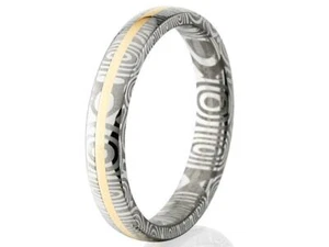 New 5mm Wide Damascus Steel with 14k Gold Ring - Picture 1 of 4