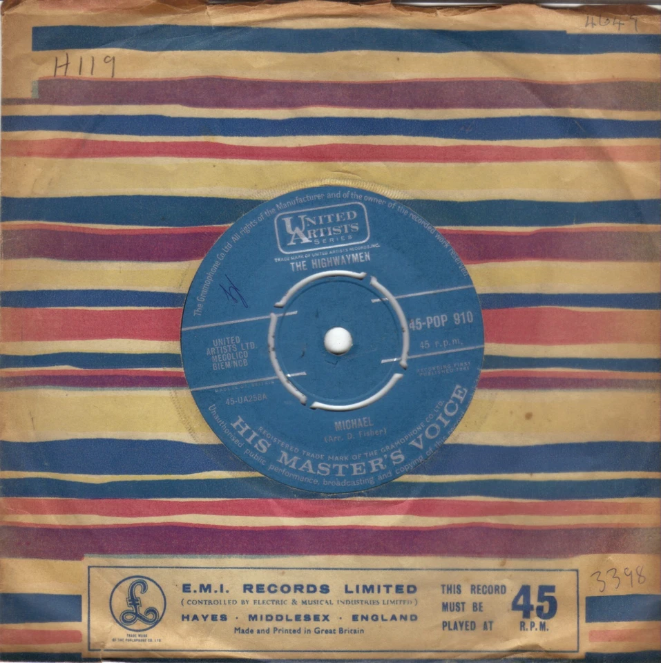 THE HIGHWAYMEN - MICHAEL b/n SANTIANO 7" ÚNICO EN MUY BUENA CONDICIÓN 1961 UA/HMV Foto 1 de 1