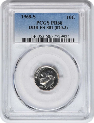 1968-S Roosevelt Dime DDR FS-801 PR68 PCGS Cover