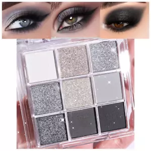 9 Colors Black Smokey Grey Gray Silver Glitter Shimmer Eye Shadow Makeup Palette - Picture 1 of 12