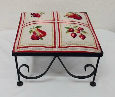 BLACK WROUGHT IRON HANDMADE FRUIT DESIGN NEEDLEPOINT CUSHION FOOT STOOL 9" TALL - Image 1 of 4