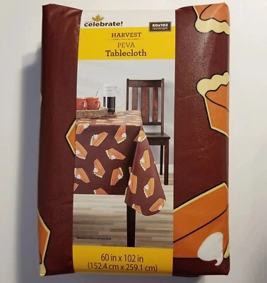 Fall Thanksgiving Pumpkin Pie Vinyl Tablecloth 60 x 102 Orange Maroon NEW - Image 1 of 3