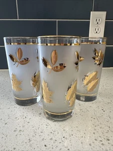 3er Set Libbey Glas Gold Laub Milchglas Mid Century Becher - Bild 1 von 2