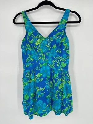 Traje de baño vintage MAXINE OF HOLLYWOOD para mujer 12 una pieza vestido de baño floral azul Foto 1 de 4