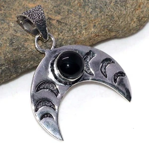 Colgante Luna Negro Ónix 925 Chapado en Plata 1.5" Día de la Independencia Venta GW - Imagen 1 de 3