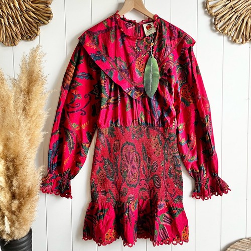 VALENTINO Farm Rio mini abito piccolo floreale tropicale smocked arricciato uncinetto