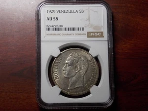1929 Venezuela 5 Bolivares large silver coin NGC AU-58 - Picture 1 of 8