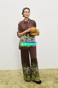 Alemais Silk Retro Coffee Color Illustration Printed Lapel Shirt+Wide-Leg Pants - Picture 1 of 11