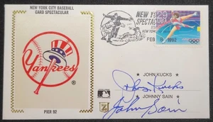 JOHNNY KUCKS & JOHNNY SAIN 1992 DUAL SIGNED NEW YORK YANKEES  CACHE WITH JSA COA - Picture 1 of 1