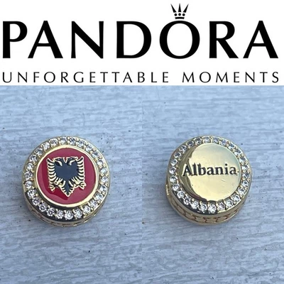 Rare PANDORA Country Of Albania EXCLUSIVE Flag Enamel Gold Button CHARM - Image 1 of 4