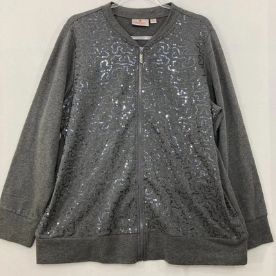 Quacker Factory Large Gray Sequins Full Zip Stretch Long Sleeve Jacket Festival - Image 1 of 4