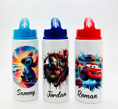 Cars Lilo Stitch Spiderman Ironman Personalised  Kids Water Sports Bottle 600ml - Image 1 of 4