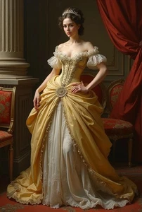 Vintage Baroque Prom Dresses Off Shoulder Ruched Yellow And Ivory Long Victorian - Picture 1 of 8