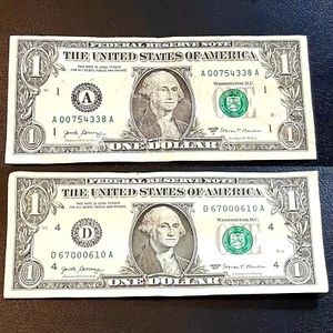 MISALIGNED  ERROR LOT OF TWO $1 NOTES - Picture 1 of 3