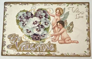 Embossed Valentines Day Postcard  Cupid Cherub Butterfly Wings Pansies 1910 - Picture 1 of 2