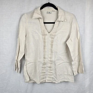 Colorado Size M Linen Shirt Top Cream V Neck Pleat Front 3/4 Sleeve 18" Bust - Picture 1 of 10