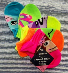 5 PAIRS FADED GLORY GIRLS "NO SHOW" SOCKS. ANIMAL DESIGNS. SIZE S/CH-4'7.7. NWT - Picture 1 of 2