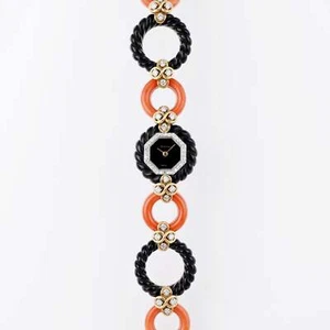 DeLaneau Ladies Wristwatch | Coral & Onyx | 18k Yellow Gold | Diamond Setting | - Picture 1 of 7