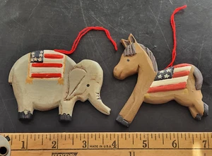 2 VTG Ornaments - Wood Republican Elephant, Democrat Donkey USA Flag Politics - Picture 1 of 5