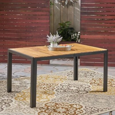 Tamia Outdoor 59-inch Acacia Wood and Iron Dining Table, Black and Teak Finish - Image 1 of 4