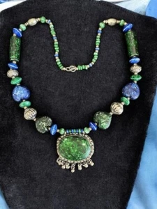 Tibetan Style Blue Green Silver Tone Pendant Necklace Boho Gypsy Chunky Beads - Picture 1 of 9