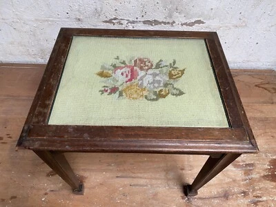MID 20TH C  WOOL NEEDLEWORK / GLASS TOPPED SMALL SIDE TABLE - NEEDS TLC - Image 1 of 4