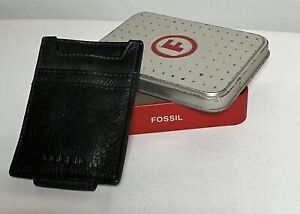 2004 NWT Fossil Black Leather Money Clip Magnetic Wallet Original Tin Fair Cond