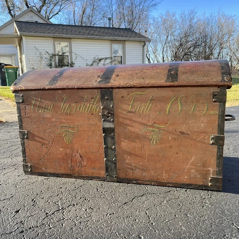 Antique 19th Century Hunchback Wooden Immigrant Travel Chest Dated 1853 w/ Key Cover