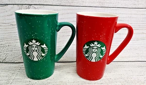 (2) Tazas de café Starbucks 2021 16 oz de alto rojo y verde moteado cerámica - Imagen 1 de 7