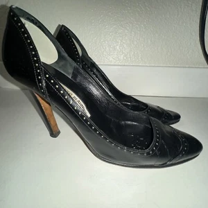 Manolo Blahnik Womens Stiletto Pointed Toe Single Strap Pumps Black Leather 39.5 - Picture 1 of 9