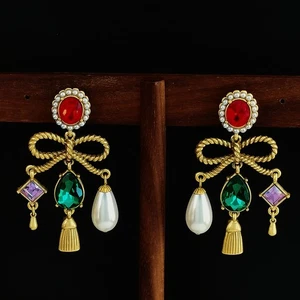 Vintage imitation diamond pearl bow multi-layer tassel earrings women's jewelry - Picture 1 of 3