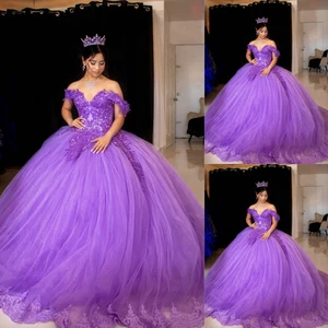 Lilac Quinceanera Dress Flower Appliques Off Shoulder Pageant Sweet 16 Ball Gown - Picture 1 of 9