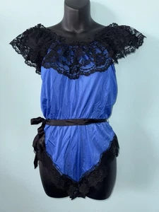 VTG 1 Pc. Lingerie Royal Blue & Black Teddy By Lady Cameo Measured Medium - Picture 1 of 3